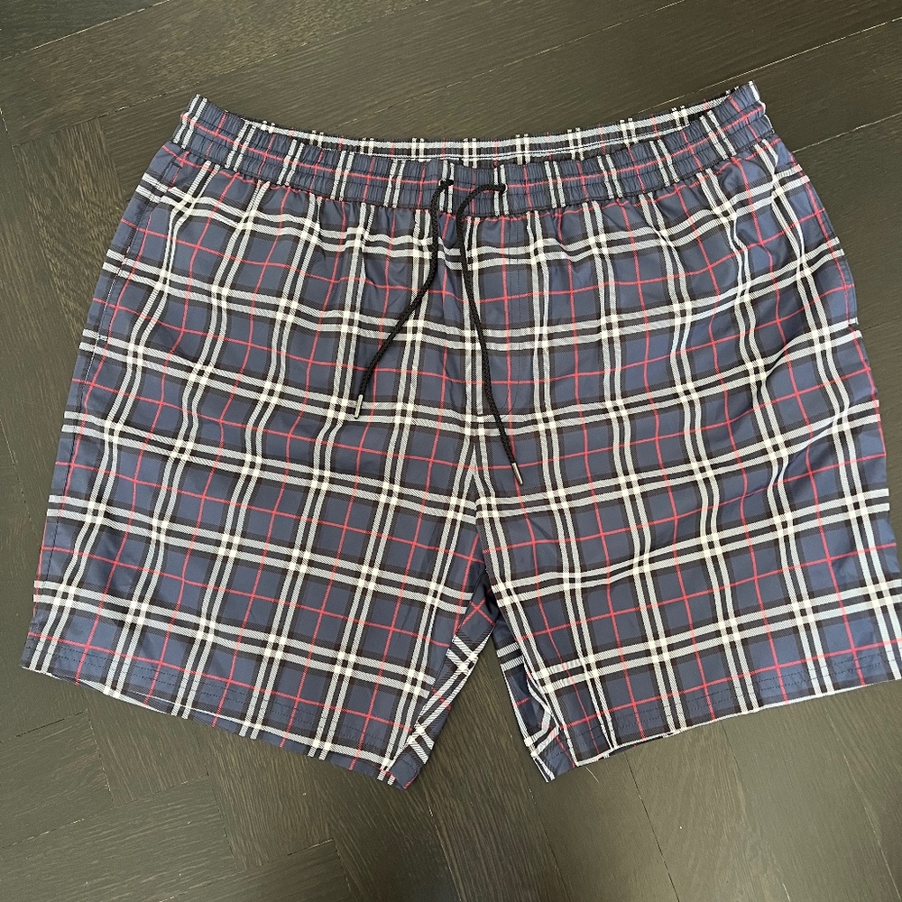 Men’s Burberry Blue Red and White Plaid Swim Trunks